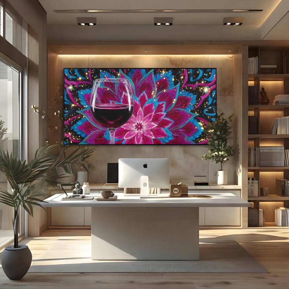 Tablou canvas cu tablou canvas cu pahar de vin si mandala, in rama de aluminiu negru, pe perete intr-un birou